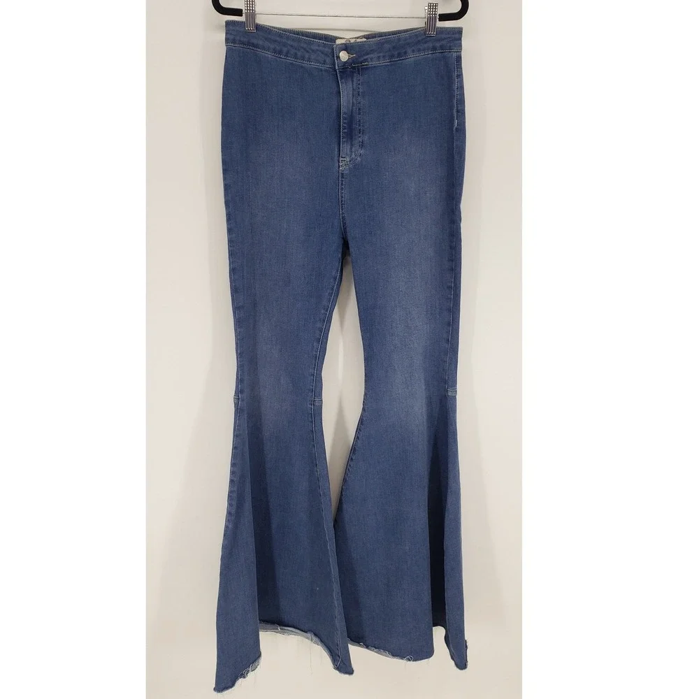 Free People Just Float On Flare Jeans Women 31 Blue High Rise Bell Bottom Raw